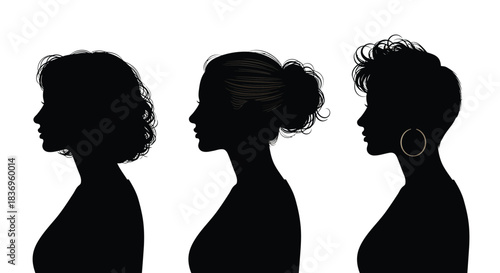 Silhouettes of three women displaying different hairstyles in a profile view