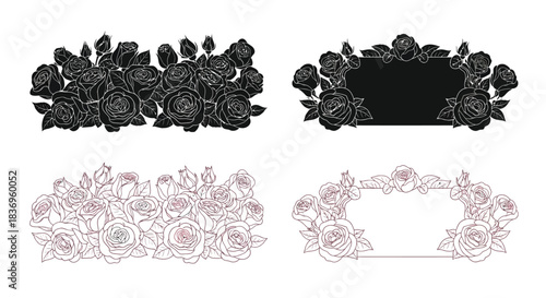 Elegant floral arrangements and frames featuring roses in black and pink shades