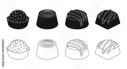 A collection of hand drawn chocolate candies in different styles and textures