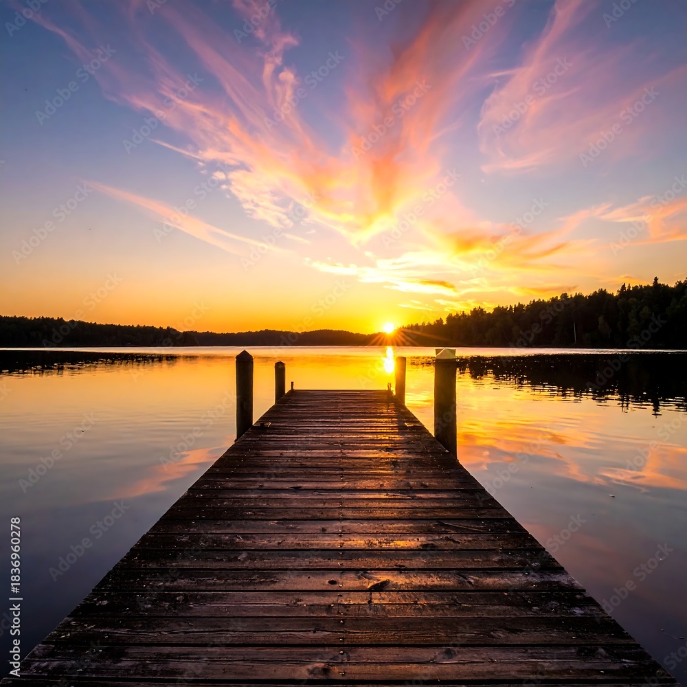 Obraz premium Wooden Dock at Sunset - A Serene Lakeside Landscape.