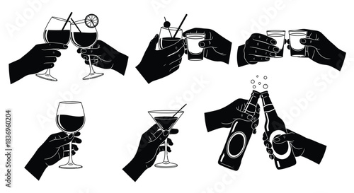 A series of black and white illustrations depicting hands holding drinks