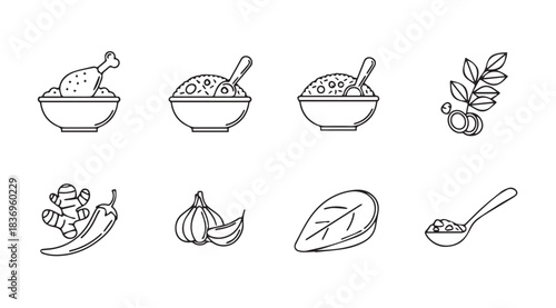 Hand drawn culinary icons representing food ingredients herbs and cooking utensils vector