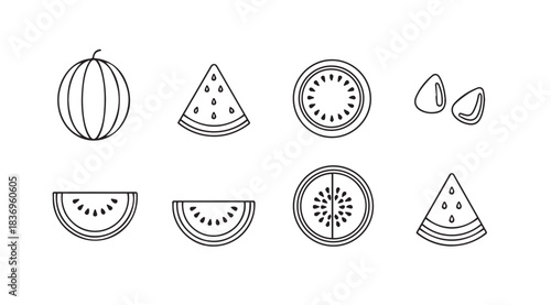 Fresh watermelon slices collection hand drawn outline artistic elements for summer design vector
