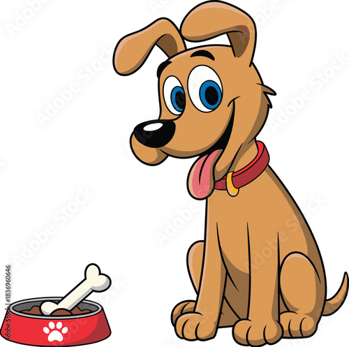 Cute happy cartoon dog sitting beside a food bowl with bone, perfect for pet care designs, children’s illustrations, and animal-themed graphics
