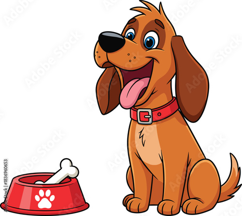 Cute happy dog cartoon illustration sitting beside food bowl playful pet concept animal care feeding love vector design stock