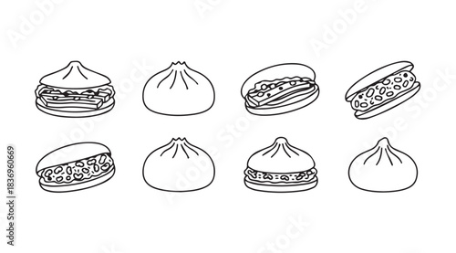 Hand drawn dumplings and buns collection set appetizing asian food icons in sketch style vector
