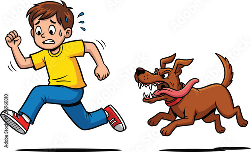 Young boy running from aggressive barking dog in street chase cartoon vector illustration for warning safety and animal attack awareness