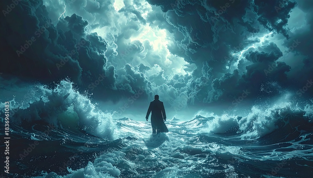 Fototapeta premium A lone figure stands amidst turbulent ocean waters under a dramatic, stormy sky with a bright burst