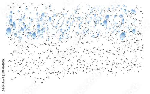 Transparent water drops on an isolated background, realistic liquid water drop top view, with condensation effect, fresh, cool wet spray bubble splash surface pattern, clean water-drop