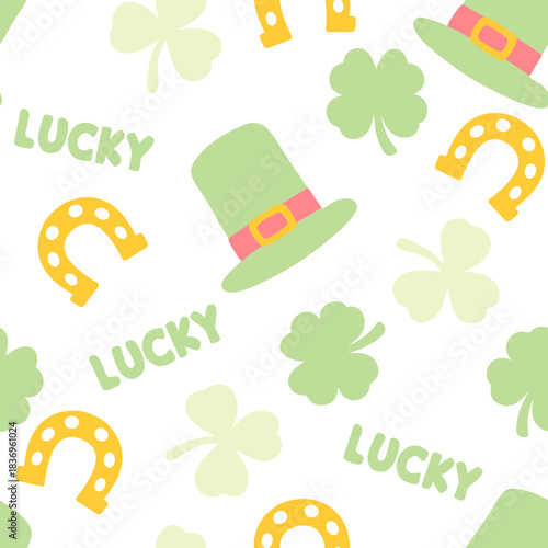 Green leprechaun hat, horseshoes and lucky text seamless pattern St Patrick's day lucky clover background.