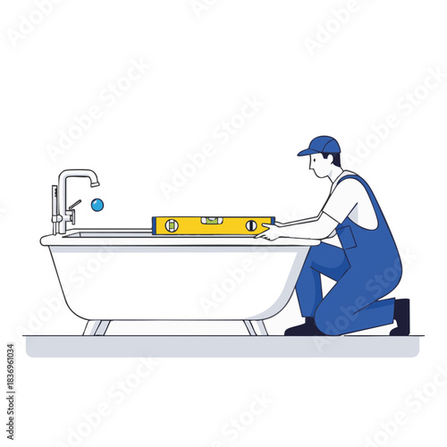Minimal flat vector illustration of a plumber installing a bathtub and checking alignment with a bubble level in a clean geometric style on a white background for construction, renovation