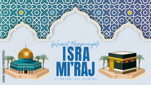 Isra Miraj Illustration with Dome of the Rock and Kaaba in Ornamental Islamic Frame for Night Journey Celebration