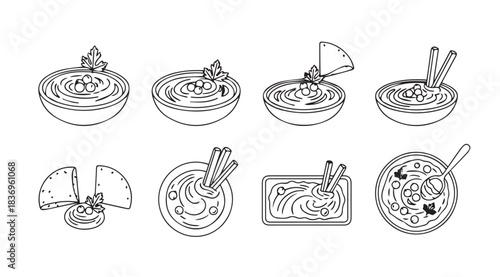 Collection of hummus bowls and ingredients hand drawn sketch style vector