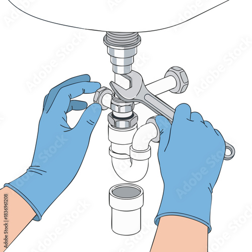 Minimal flat vector close-up of a plumber replacing a sink siphon with wrench and pipe connectors in a clean geometric style on a white background for plumbing repair 
