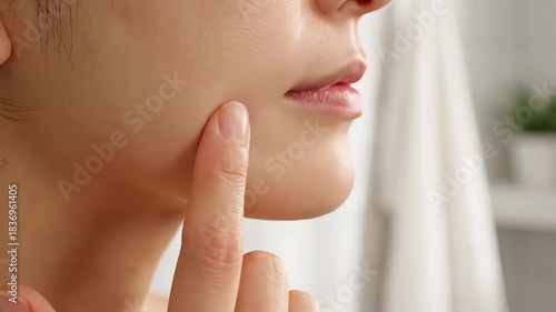 Young Woman Touching a Blemish on Her Face Near the Mouth, Close-up of Skin Problem.