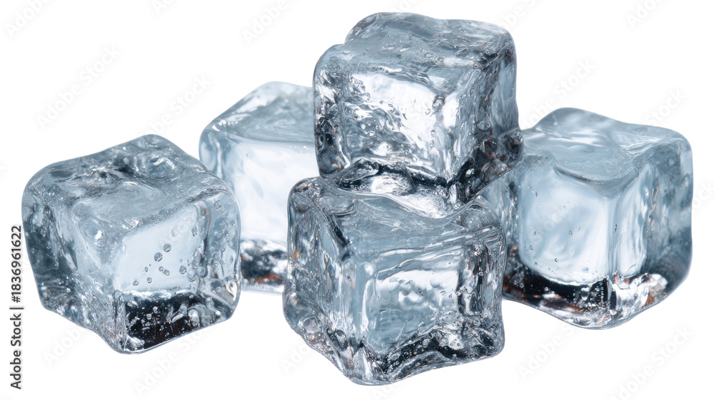 Obraz premium Clear frozen water cubes on a white isolated background with melting drops and a slight blue reflection
