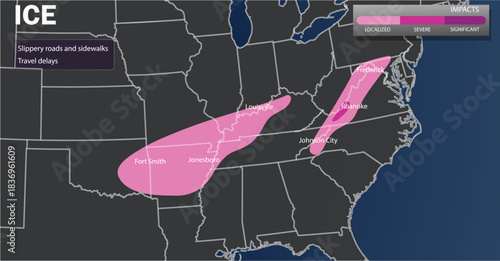 USA Ice Impact Map Showing Winter Freezing Rain Zones and Travel Hazard Areas Across the Central and Eastern States