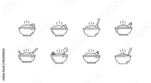 Collection of stylized hand-drawn food bowls steam rising offering diverse meal options vector