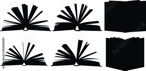 Set of Open and Closed Book Silhouettes, Education Knowledge Wisdom Graphic Collection, Fan Spread Pages, Black Isolated Vector Icon for Reading and Learning Design.