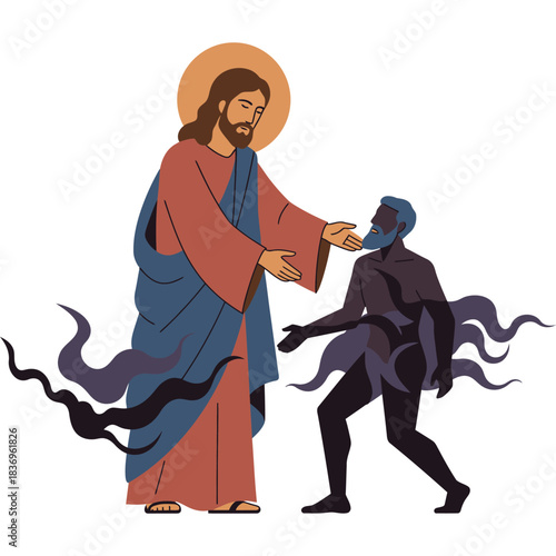 Jesus Christ healing a man from darkness, vector illustration religion salvation redemption faith spiritual