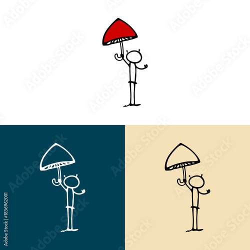 Simple stick figure holding umbrella in various color backgrounds