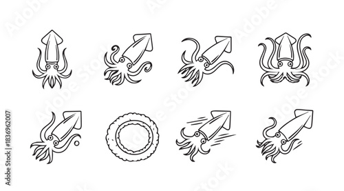 Collection of stylized squid and octopus silhouettes for seafood and marine themed designs vector
