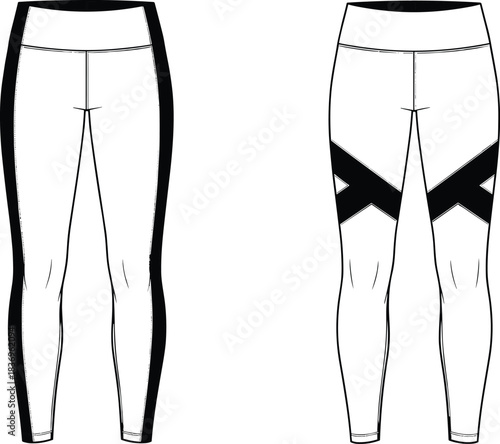 Set of women's leggings technical fashion flat sketch, high waist yoga pants with side stripe and cutout, vector illustration template.