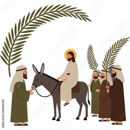 Jesus Entry into Jerusalem on Palm Sunday Illustration donkey christianity religion biblical holy week