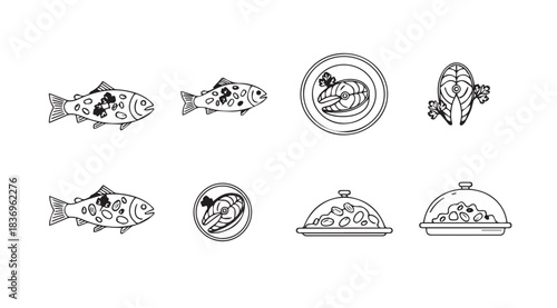Collection of hand drawn fish and seafood dishes celebrating culinary delights and ocean flavors vector
