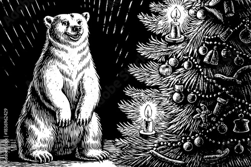 smiling polar bear stands beside a glowing Christmas tree decorated with ornaments and warm lights, creating an adorable and magical holiday scene