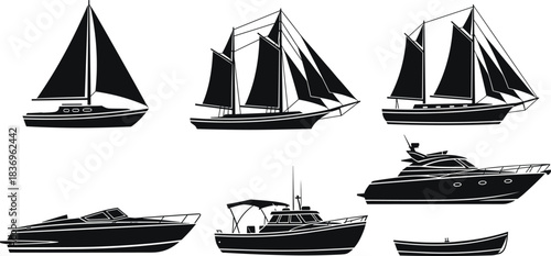 Silhouette boat collection, sailboat, schooner, speedboat, fishing boat, yacht, marine transport, black icon set, nautical, isolated, vector, graphic, illustration
