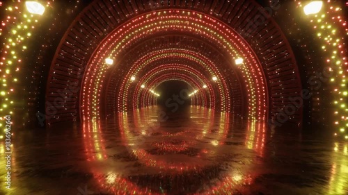 Illuminated tunnel interior with glowing lights and reflections abstract design
