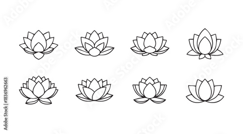 Collection of stylized lotus flower designs for spiritual and wellness projects vector