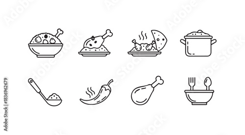 Hand drawn food icons featuring a chicken leg stew bowl and kitchen utensils vector