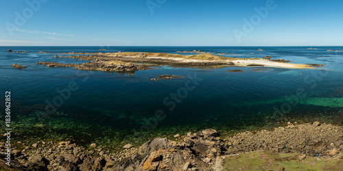 Panoramic coastal view of Perros Guirec France with sunny summer sky