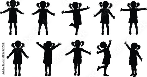 Silhouette girl poses, child movement illustration, playful character design, expressive body language, black figure art, animation reference, vector set