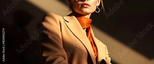 High-angle, chiaroscuro-lit photograph of a poised woman in a minimalist Hermès-inspired outfitcream, camel, burnt orange fabrics, silk scarf, leather accessories, gold accents. Soft, warm tones.