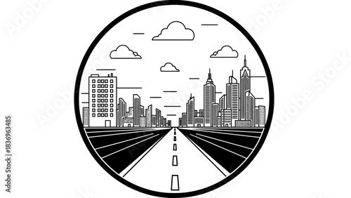 Modern city skyline illustration with long highway road leading toward urban buildings, symbolizing travel, development, infrastructure and progress