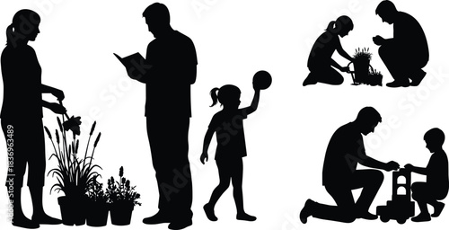 Silhouette of adults and children gardening, reading, playing, bonding, learning, teamwork, parenting, education, nature, outdoor activity, family interaction, development, growth