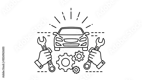 Car maintenance and repair service illustration showing tools, gears and mechanic concept symbolizing auto care, fixing and vehicle service