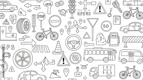 Creative transportation and traffic doodle illustration featuring road signs, vehicles, bicycles, GPS icons and road safety elements in seamless pattern