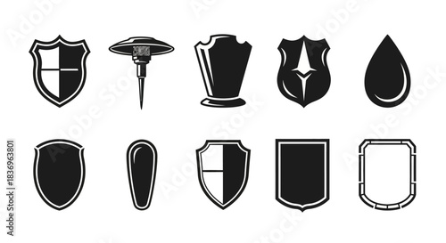 "Various shield icons representing protection, security, and defense, including different shapes and designs."