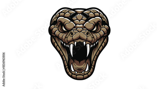 A detailed illustration of a snake's head with fangs and scales, looking aggressive and menacing.