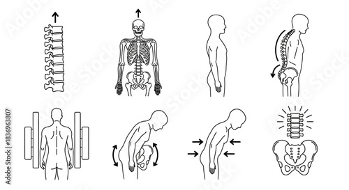 "Icons depicting spinal health, body posture, and exercises for spine alignment and strengthening."