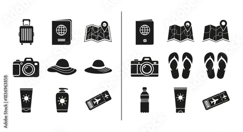 "Icons representing travel essentials, including luggage, passport, camera, sunscreen, and flip-flops for a perfect vacation."
