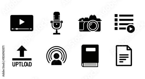 "Icons representing multimedia and content creation tools, including video, microphone, camera, upload, and document management."