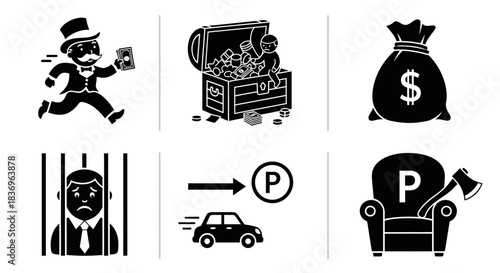 "Icons depicting wealth, crime, parking, and leisure activities, illustrating a range of social and economic themes."