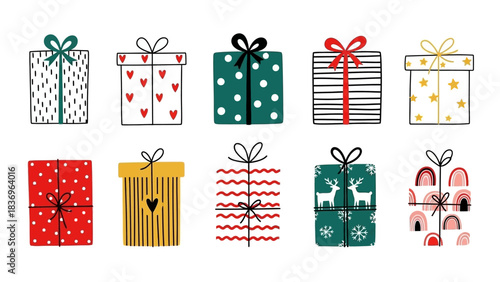 Charming collection of hand-drawn gift boxes featuring diverse festive patterns and bows, perfect for holiday season, birthdays, and celebrations