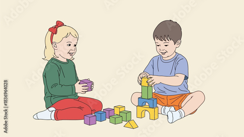 Two young children, a boy and a girl, happily playing together with colorful building blocks on the floor