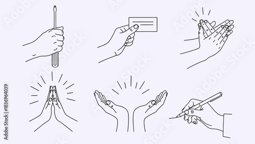 Collection of Hand Gestures Vector Illustrations Showing Various Actions and Communication